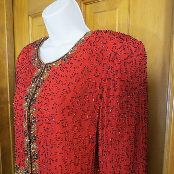 Laurence Kazar Red/Gold/Black Beaded Top Jacket Crop Silk Evening Formal Size XL - Picture 2 of 10